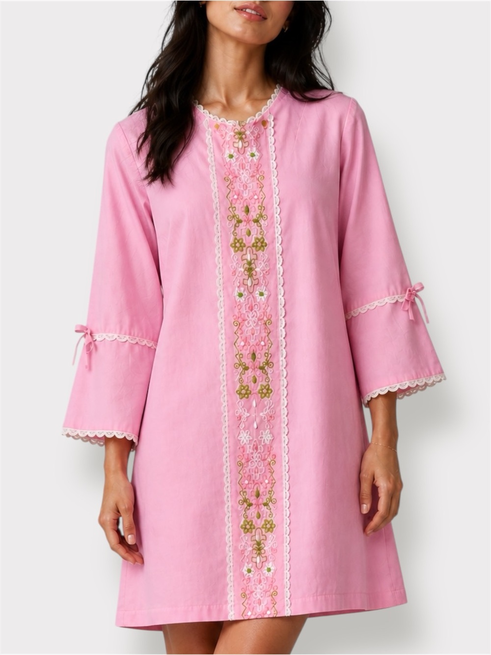 Vintage Pink Embroidered Housecoat / House Dress Made in Canada by Boudoir